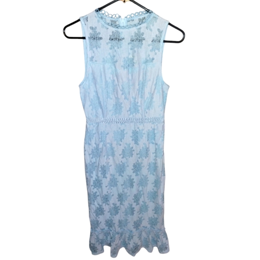mi ami light blue lace overlay dress, sheer at shoulders, sleeveless